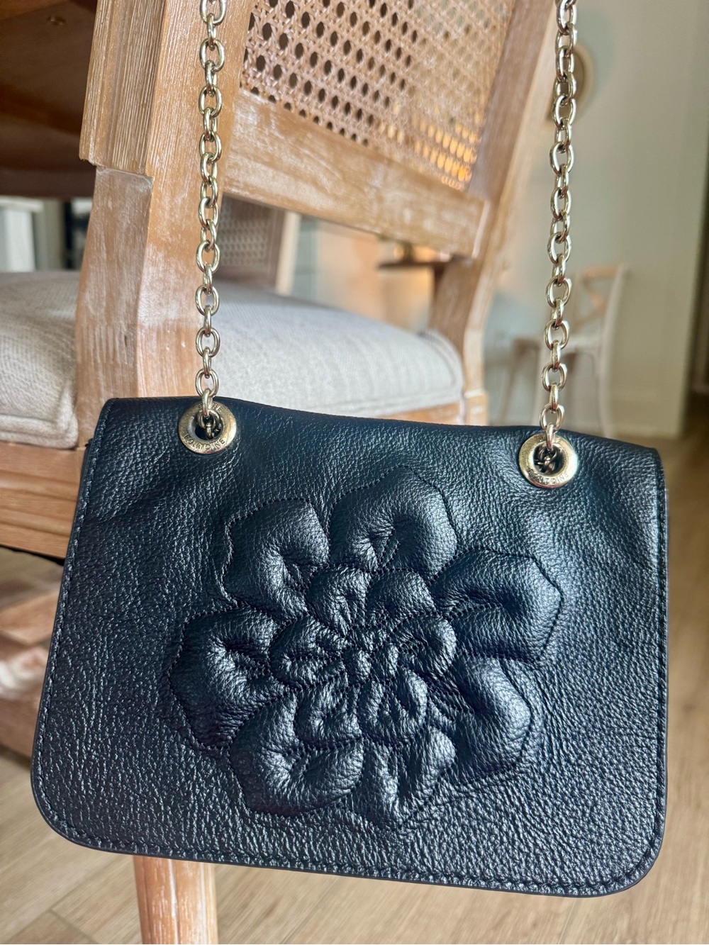 Authentic Anne Fontaine Black Pebbled Leather Camellia Flower Chain Flap Bag